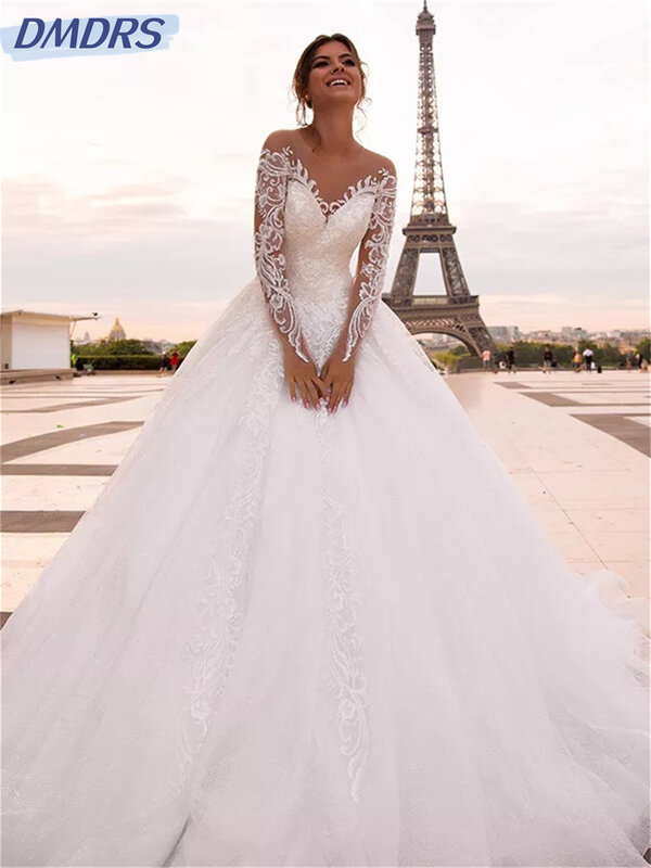 Romantyczna suknia ślubna z długimi rękawami 2024 urocza suknia ślubna bez ramiączek, pełna wdzięku sukienka sięgająca do podłogi Vestidos De Novia
