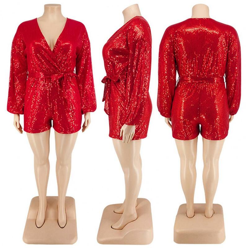 Plus Size Women Playsuit Shiny Sequin Long Sleeve Solid Color Lace-up Tight Waist Club Party Shorts Jumpsuits Romper