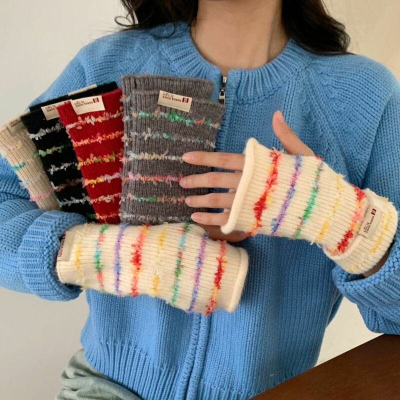 Зимние перчатки в цветную полоску, новые модные сохраняющие тепло зимние перчатки, однотонные женские вязаные перчатки с рукавом