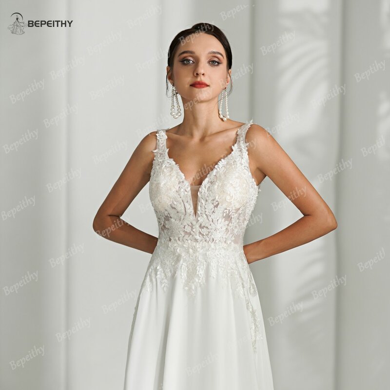 Bepeithy-vestido de noiva sem mangas chiffon para mulheres, vestido de praia, estilo boho, costas abertas, sexy, novo design