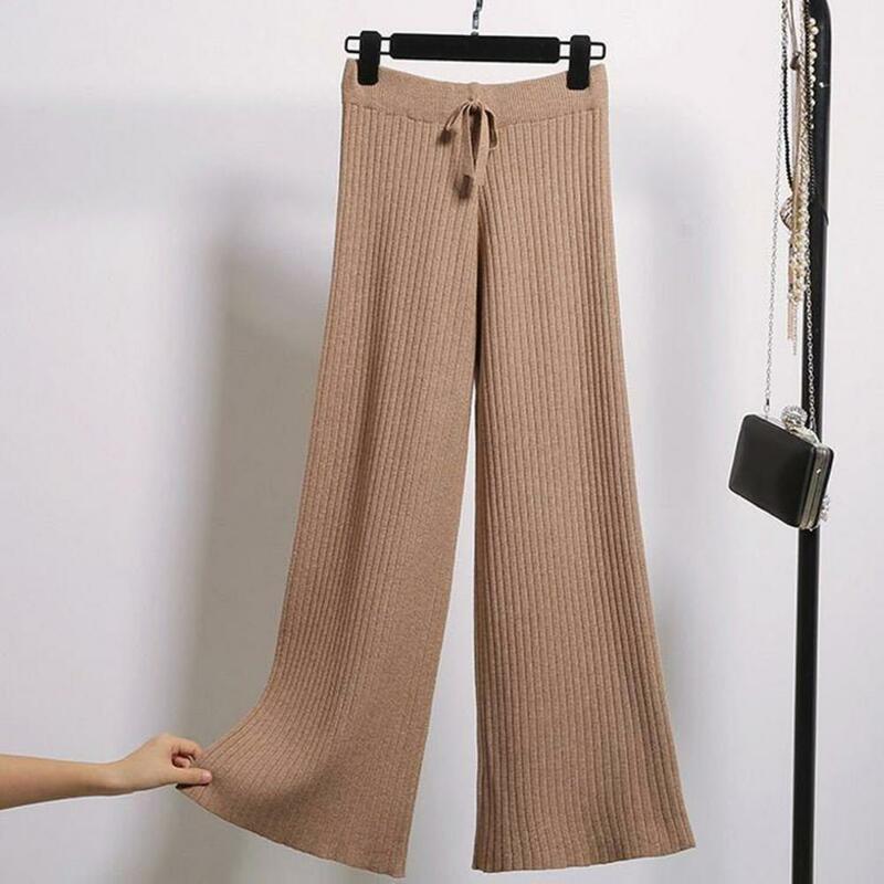 Women Knitting Pants Elastic High Waist Drape Pants Ribbed Wide Leg Solid Color Baggy Pants for Women Autumn Winter Streetwear