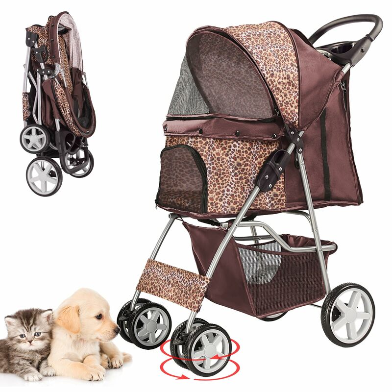 Leopard Luxe Trek: быстро складывающаяся коляска для маленьких собак/кошек, портативная с корзиной для хранения (Леопард)