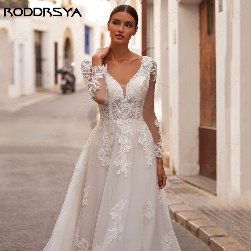 RODDRSYA V-Neck Backless Wedding Dresses Lace Long Sleeves Applique Tulle A-Line Bridal Gowns Custom Made Vestidos De Novia
