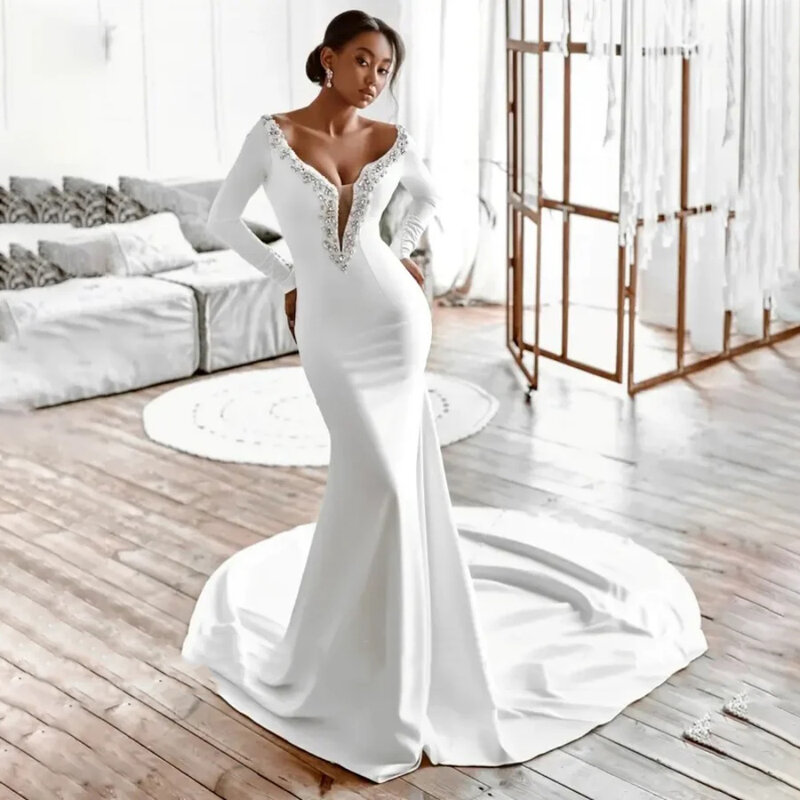 Boho Deep-V Women Wedding Dresses 2024 Long Sleeves Mermaid Mopping Length Bride Gowns Sexy Princess Backless Vestidos De Novias