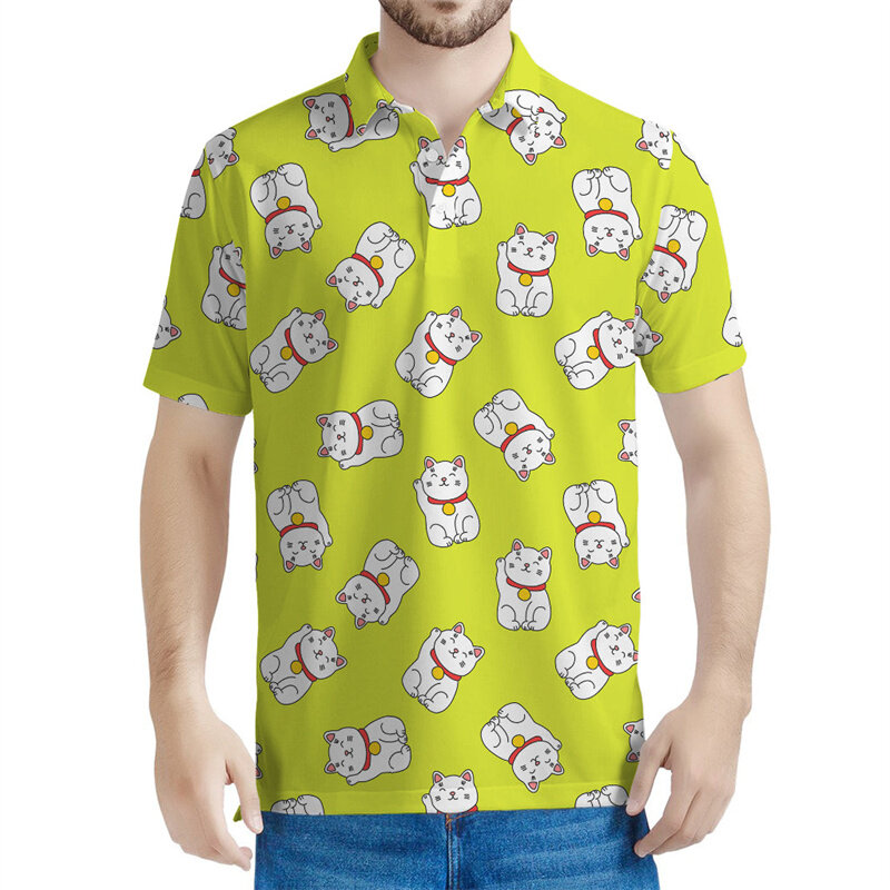 เสื้อโปโลแฟชั่นลายกราฟิกแมวกวักนำโชคเสื้อยืดพิมพ์ลาย3D สำหรับผู้ชายเสื้อยืดลำลองแขนสั้นแนวสตรีทสำหรับฤดูร้อน