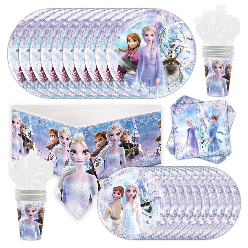 Fournitures de fête Disney Elsa et Anna Frozen 2, assiettes et nappes en papier standard, décoration de fête d'anniversaire pour enfants, filles, reine des neiges, nouveau