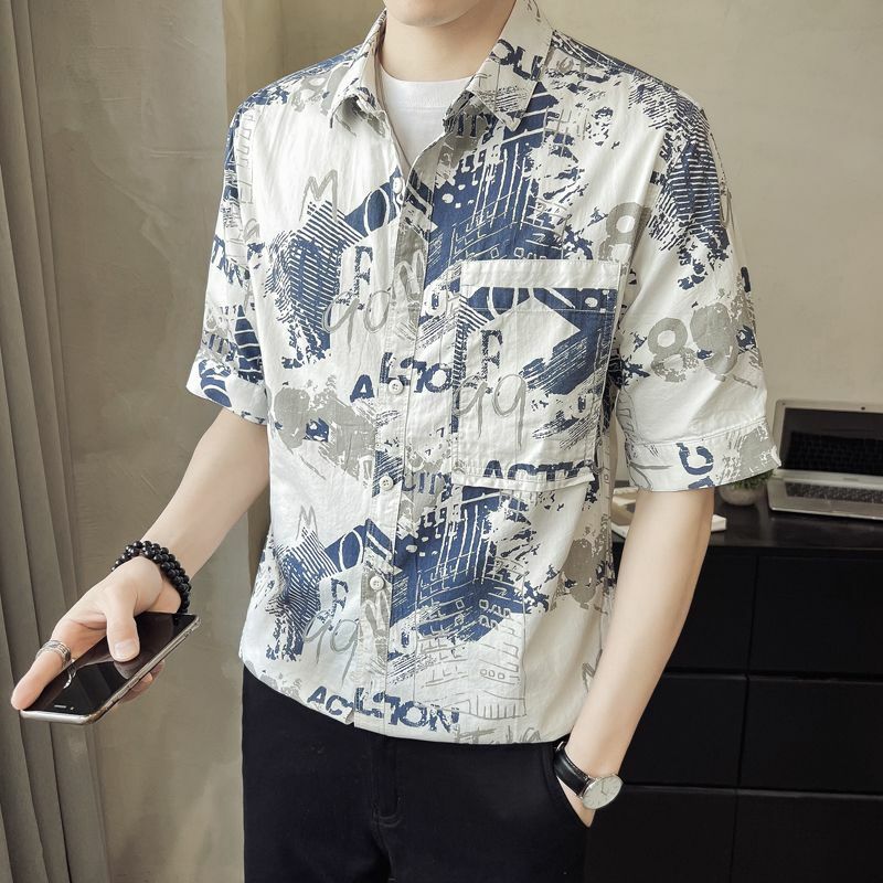 Chemise à manches courtes pour hommes, style coréen, chemise décontractée, manches cinq quarts, beau revers, haut imprimé à la mode, été