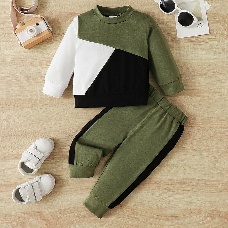 長袖のトップとパンツのセット,幼児用の服,対照的な色,秋と冬,ファッショナブル,0〜3年