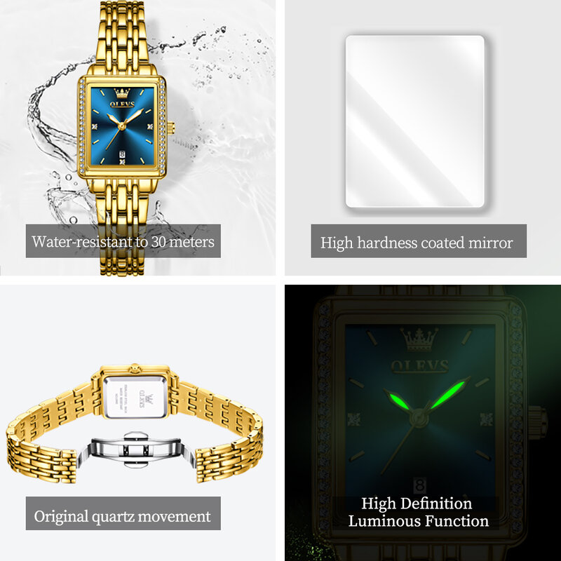OELVS jam tangan wanita mewah, Set asli jam tangan kuarsa Dial persegi panjang emas elegan dengan kotak hadiah
