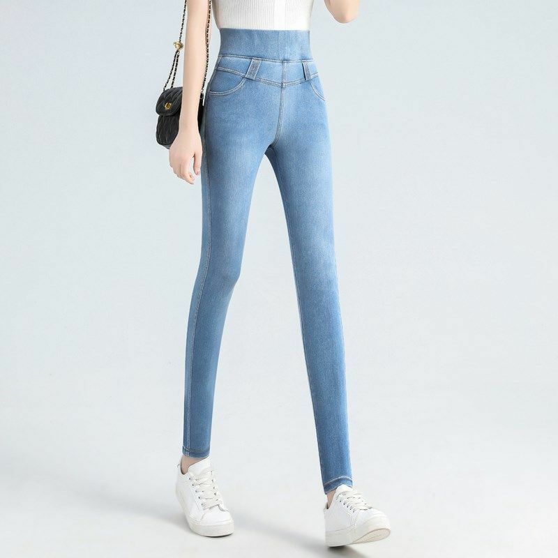 Jeans Skinny di grandi dimensioni da donna di moda coreana primavera autunno Streetwear pantaloni Casual tasche in Denim pantaloni elastici a vita alta a matita