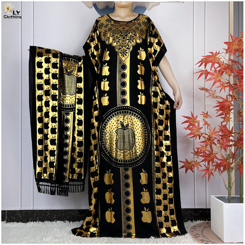 New Summer Short Sleeve Robe Cotton Loose Lady Dress With Big Scarf Gold Stamping Boubou Maxi Islam Women African Abaya Clothing