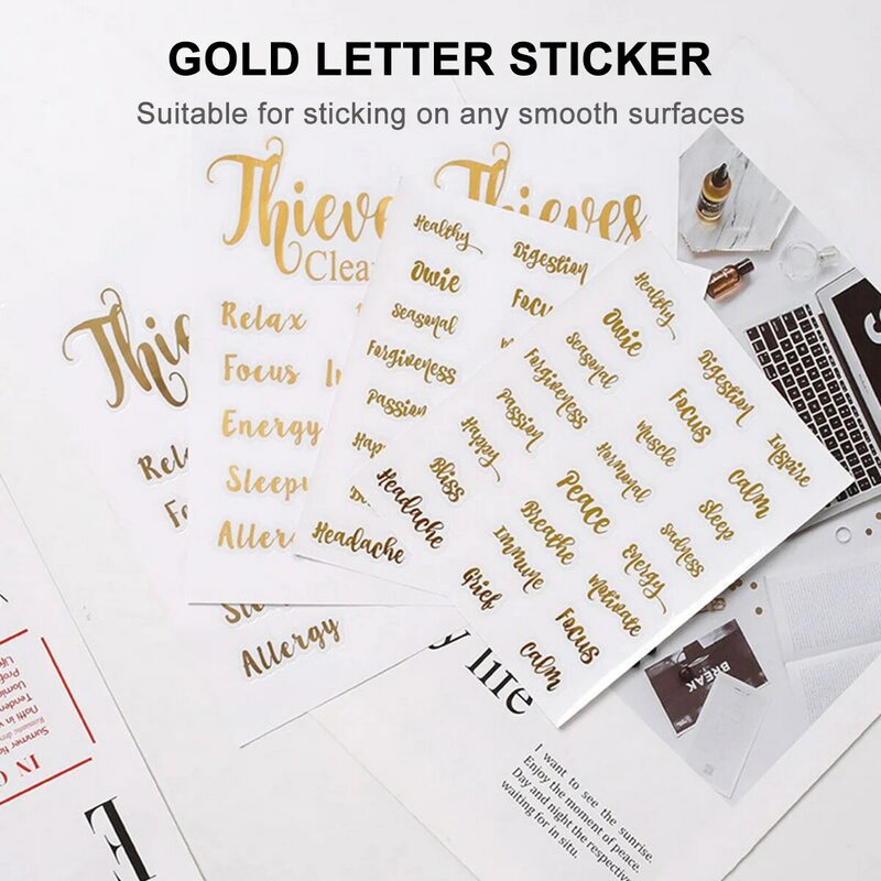 Paper Gold Letter Pain Wellness Happy Peace Label Sticker Essential Oil Bottle Tags Decorative Sticker DIY Handmade Sticker