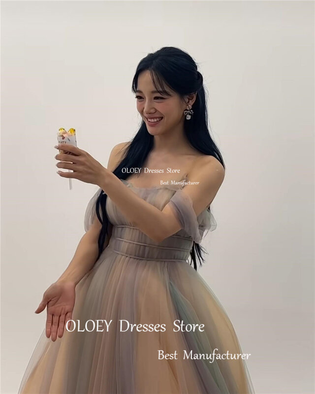 OLOEY Fairy Tulle Colorful A Line Korea Evening Dresses Wedding Photo shoot Prom Gowns Party Occasion Dress Lace Up Back Elegant