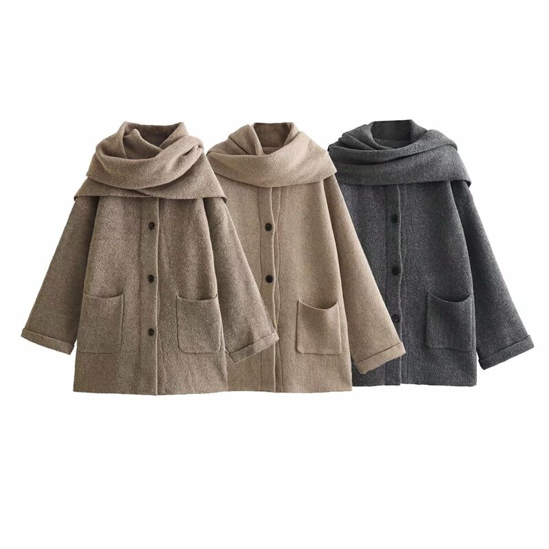 Women 2023 New Fashion With Scarf Loose Single Breasted Knitted Coat Vintage Long Sleeve Pockets Female Outerwear Chic Overshirt