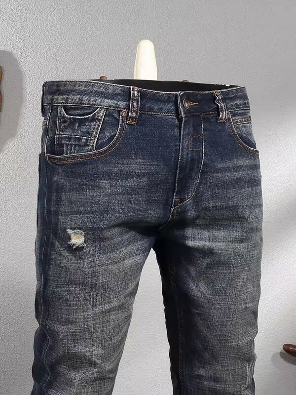 Новые дизайнерские модные мужские джинсы высокого качества ретро темно-синие эластичные облегающие рваные джинсы мужские брюки винтажные джинсовые брюки
