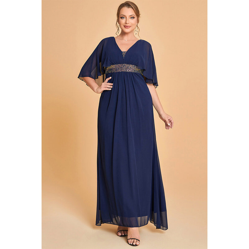 Vestido largo de gasa con cuello en V para madre de la novia, Túnica plegable con lentejuelas decorativas, azul marino, talla grande