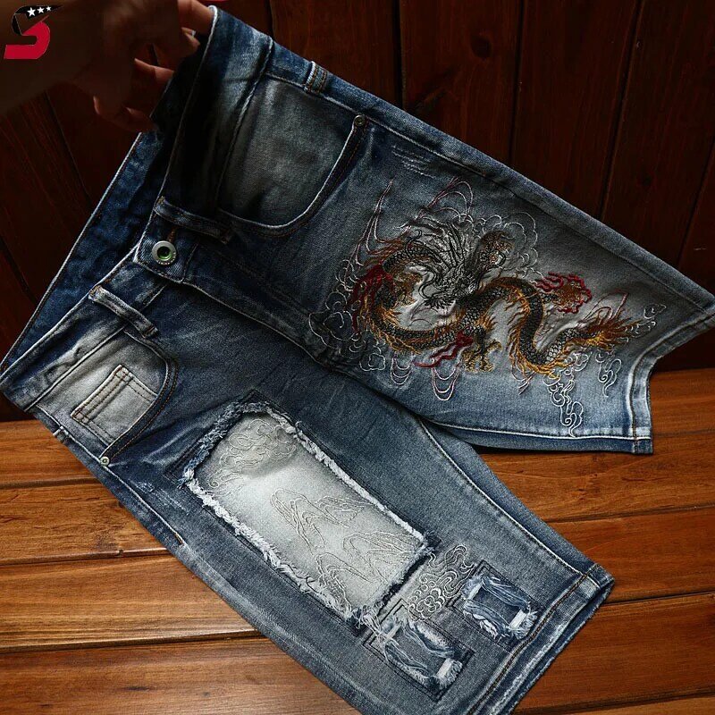 Chinese Style Embroidery Denim Shorts Men's Street Fashion and Handsome Trendy Retro High-End Stretch Slim-Fitting Biker Shorts