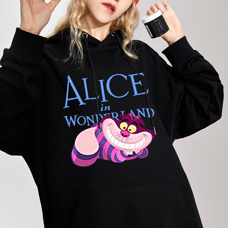 Felpa Disney Fashion Alice nel paese delle meraviglie Cheshire Cat Cartoon Cute Cat Print Pullover con cappuccio Unisex donna manica lunga Top