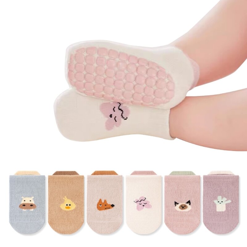 Meias chão elásticas desenho animado com aderência borracha macia para bebês aprendendo a andar meias