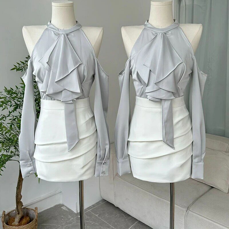 Falda de dos piezas para mujer, camisa con hombros descubiertos, irregular, a la moda, primavera y verano, 2024