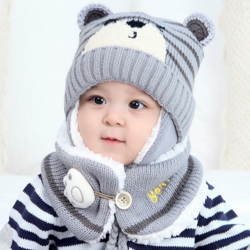 Unisex Winter Kids Baby Cartoon Bear Stripe Knit Hat Cap sciarpa paraorecchie Set caldo