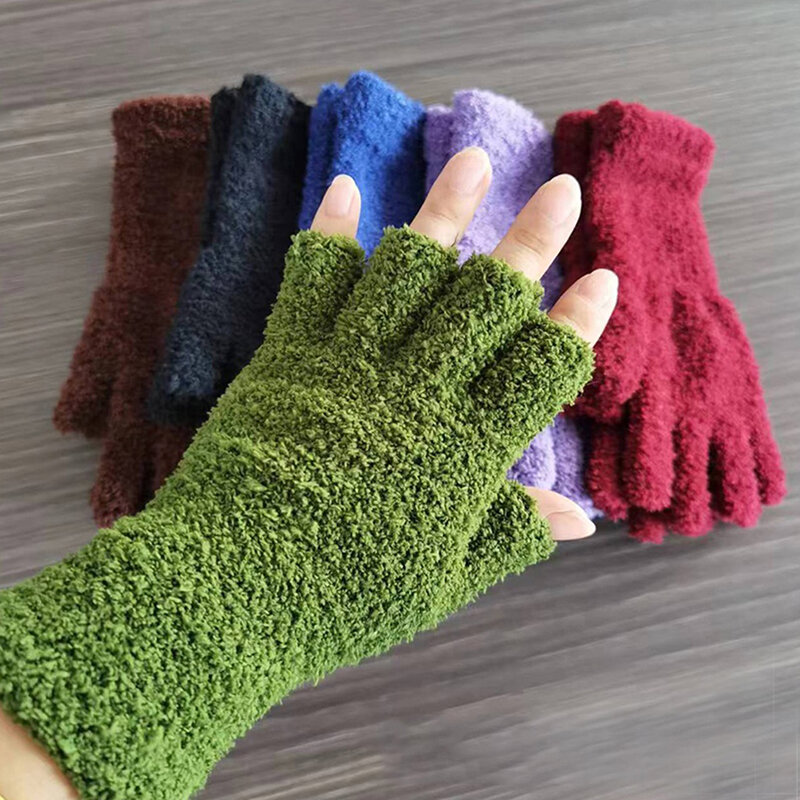 1Pair Fleece Half Finger Fingerless Gloves For Women And Men Wool Knit Wrist Cotton Gloves Winter Warm Workout Gloves