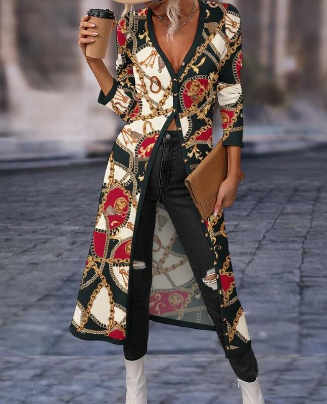Mantel panjang berpita kontras cetak rantai Fashion kasual terlaris wanita 2023