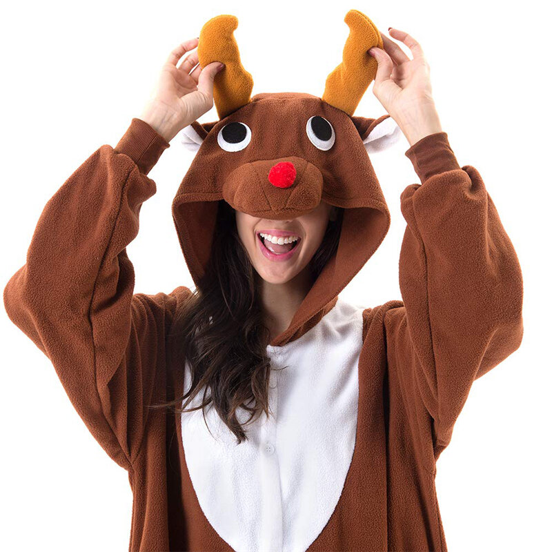 Pijamas Kigurumi de una pieza para adultos, mono de dibujos animados, ciervo de Navidad, marrón oscuro, Halloween, ropa de dormir de invierno