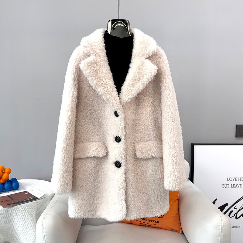 Women's Real Fur Suit Collar Warm Coats Lady Girl Sheep Shearling Thicken Overcoat Winter Parka JT3363