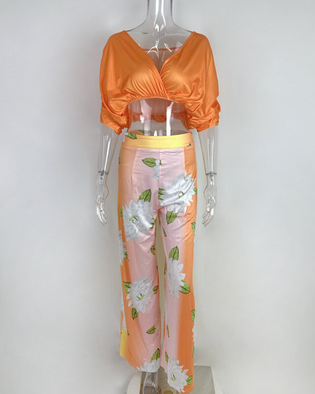 2024 Sommer bedruckte Outfits zweiteiliger Overall Set elegante V-Ausschnitt Femme Overalls mit weitem Bein für Frauen Bohemian Kleidung