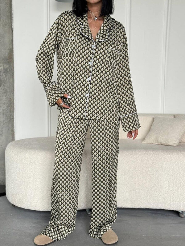 Marthaqiqi-Pyjama imprimé pour femme, vêtement de nuit sexy, col rabattu, manches longues, décontracté