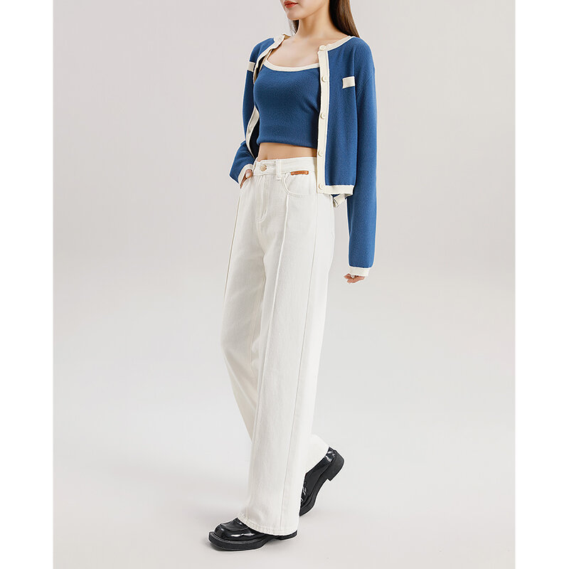 Toyouth Jeans Wanita Celana Denim Panjang Lurus Pinggang Tinggi Musim Panas 2023 Celana Chic Desainer Kasual Putih Katun Murni