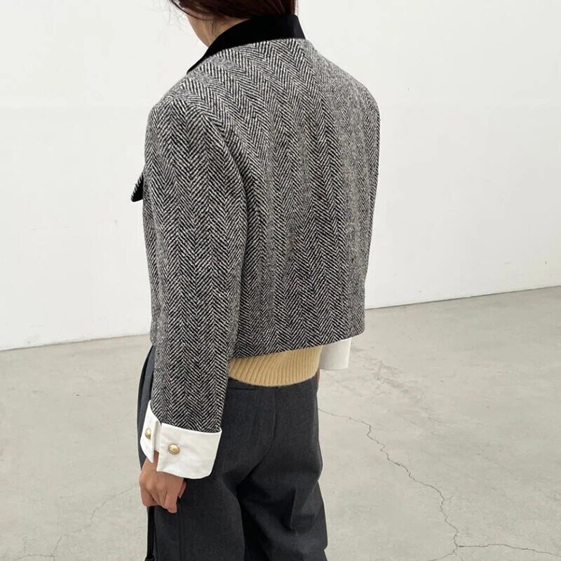 Hdspq-女性用の金属製ボタンチェッカーコート,韓国スタイル,細いトリミングのジャケット,女性用ポケット,長袖ジャケット,2023コレクション