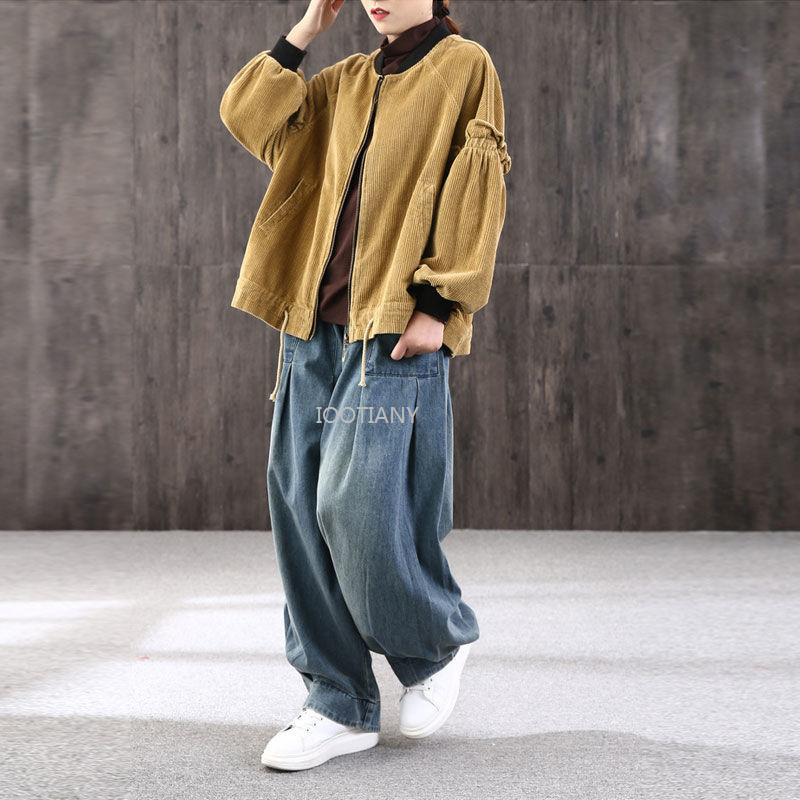 Pantalones vaqueros bombachos holgados de estilo urbano, bombachos con bolsillo y cintura elástica, color liso agrandado, primavera y otoño, novedad