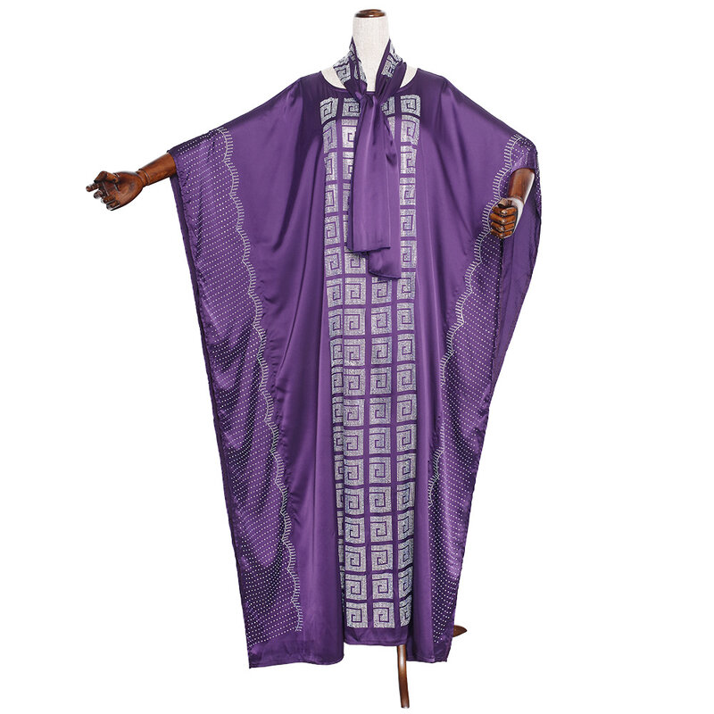 Robe de lenço de cabeça para mulheres africanas, talão de unha broca, cetim de seda, gola redonda, manga larga, tamanho grande, indústria pesada, S8072