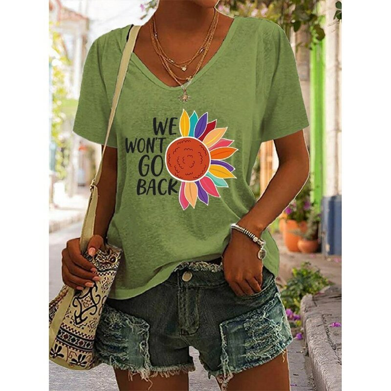 Letnie damskie z nadrukiem 3D koszulki z dekoltem w szpic luźny pulower zielone luźna krótka rękawy koszulka Oversized koszula damska moda nowa odzież