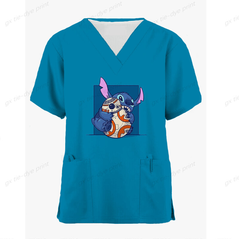 Seragam Perawat Wanita Warna Solid Disney Stitch Seragam Atasan Bergambar Saku Lengan Pendek Seragam Perawat Wanita Medis