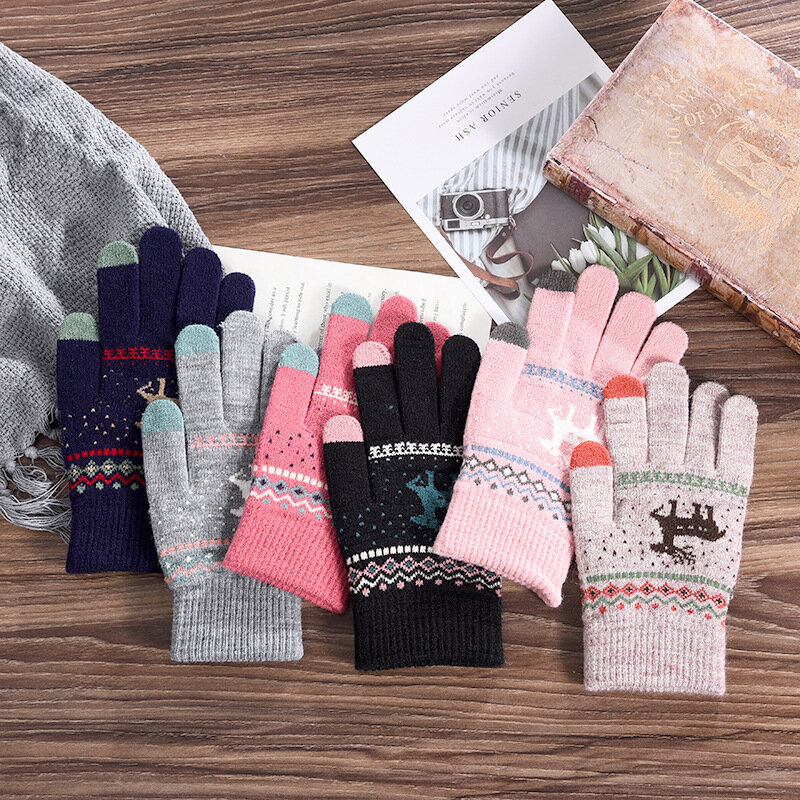 男性と女性のための手織りの手袋、暖かいミトン、厚く、ストレッチ、ウール、フルフィンガー、elk、ストレッチ、冬