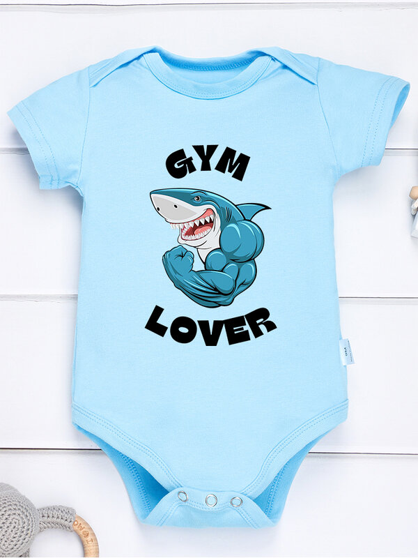 Shark Baby Boy Bodysuit GYM LOVER Funny Hipster Infant Clothes Blue Pure Cotton Soft Breathable Newborn Onesies 0-24 Months