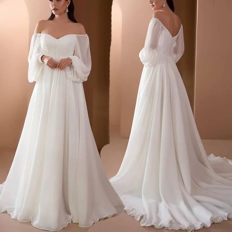 A Line Off Shoulder Chiffon Wedding Dresses Saudi  Custom Bridal Dress Marriage Party Gowns