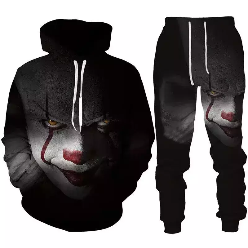 Halloween 3D Evil Clown stampato Oversize felpa con cappuccio tuta divertente Set felpa da uomo 2 pezzi autunno e inverno abbigliamento da uomo
