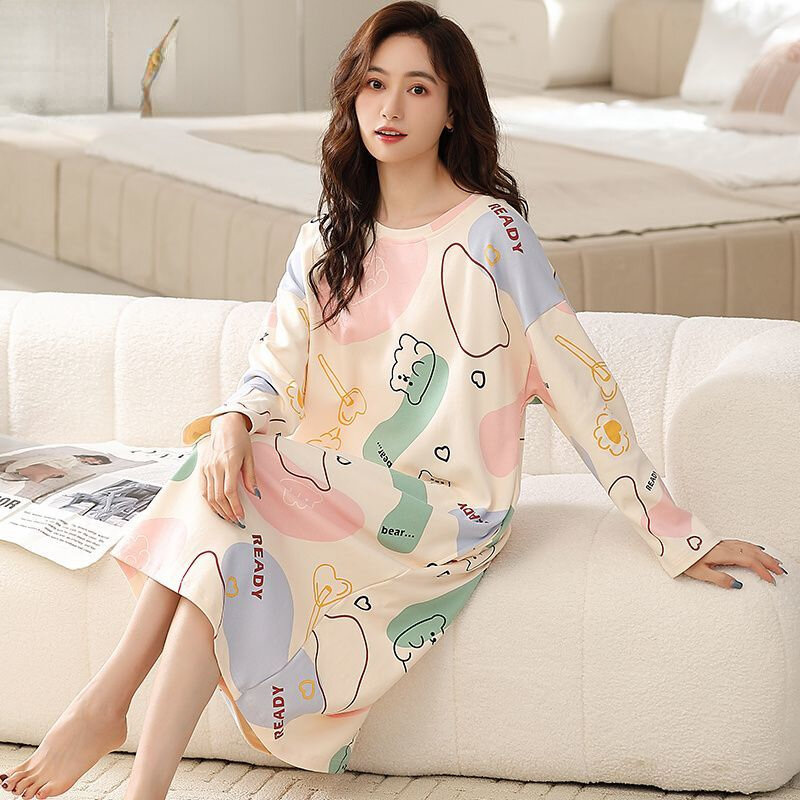 Women Big Size Pajamas Long Sleeve Nightgown Kawaii Clothing Sleepwear Cotton Homewear Casual Loose Pajamas Korean Fashion