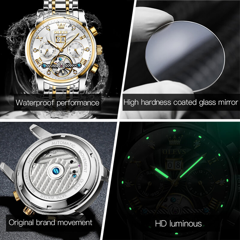 OLEVS 9910 Tourbillon Men's Watches Dual Calendar Waterproof Stainless steel Luminous Luxury Automatic Mechanical Watch for Men