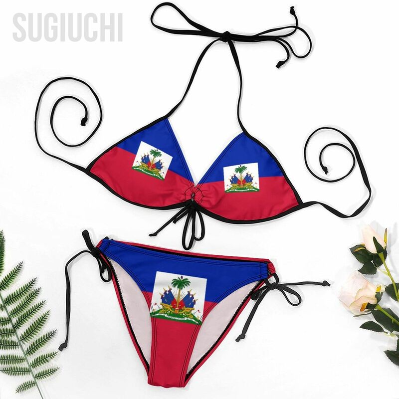 Damskie flaga Haiti zestawy strój kąpielowy Bikini trzypunktowy kostiumy kąpielowe impreza na plaży kąpielowe