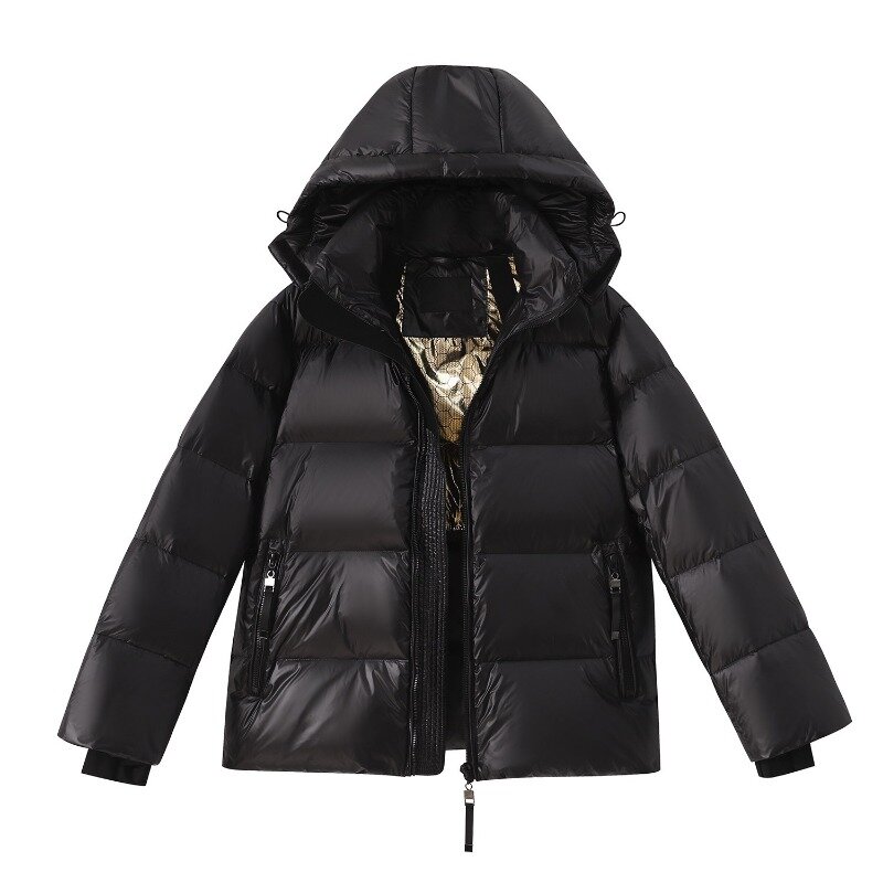 White Goose Down Couple Hooded for Fashionable Slimming and Thickened Warmth Black Gold Short Down Jacket for Women's Outerwear