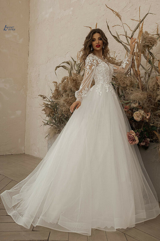 Layout niceb marfim vestidos de casamento manga longa apliques rendas 3d flores tule moderno boho vestido noiva 2022 vestidos novia