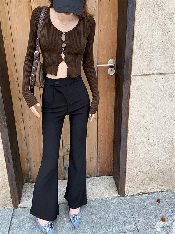 Arazooyi celana Flare wanita elastis tinggi, celana kantor kasual musim gugur Streetwear 2023 minimalis ramping semua cocok harian