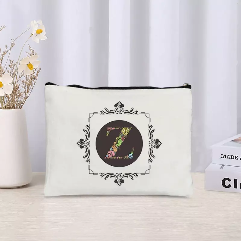 Floral Initial Cosmetic Pouch for Makeup Trendy Lipstick Perfume Canvas Bag Stylish Travel Toilet Organizer Best Gift for Her