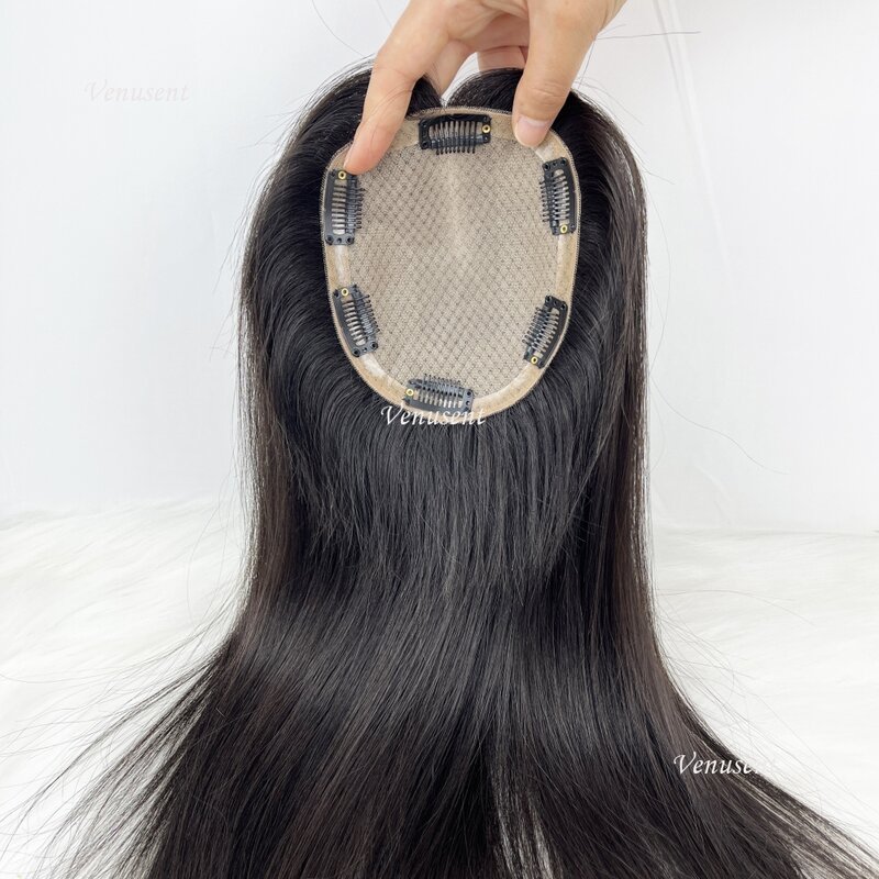 14x16CM Topper rambut lurus untuk wanita kulit sutra dasar rambut manusia Virgin sepotong penutup atas sutra bernapas dengan klip dalam