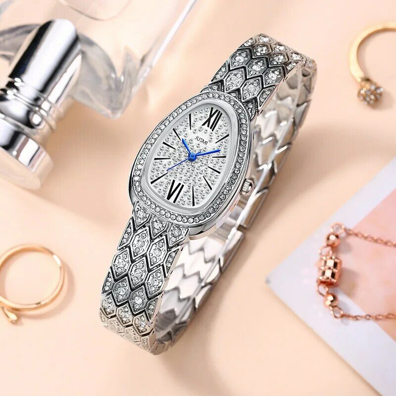 Relojes de cuarzo de lujo para mujer, pulsera ovalada de diamante completo, resistente al agua, banda de acero